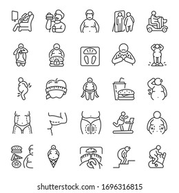 Obesity, fat body people, icon set. A person with excess weight problems and diseases associated with being overweight, linear icons. Fat man. Line with editable stroke