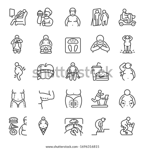 Obesity, fat body people, icon\
set. A person with excess weight problems and diseases associated\
with being overweight, linear icons. Fat man. Line with editable\
stroke
