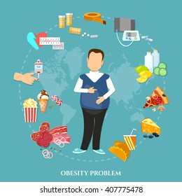 Obesity fat man causes and effects of obesity vector illustration 