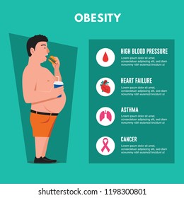Obesity. Fat man eating junk food illustration