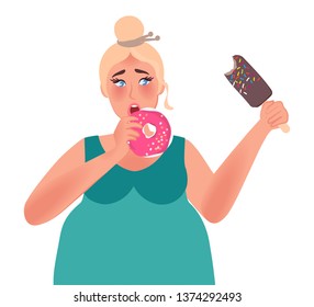 Obesity. Fat woman eating doughnuts and ice cream. Junk food. Vector illustration of fat people