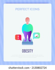 Obesity gradient flat icon. Man with excess weight on scales. Overeating, health problem. Overconsumption. Vector illustration.