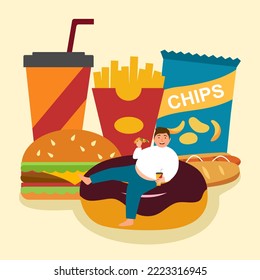 Obesity guy enjoy eating food as hamburger, hotdog, donut and chips snack in flat design.