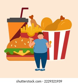 Obesity guy enjoy eating food as hamburger, French fried and fried chicken in flat design.