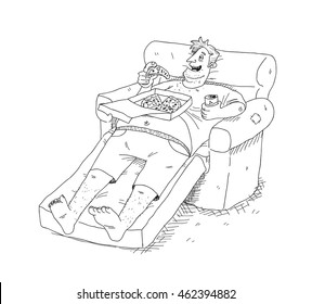 Obesity. A hand drawn vector cartoon illustration of a lazy fat guy sitting on a sofa, eating pizza and drinking soft drink.