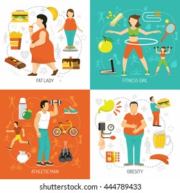 Obesity and health concept with fat people junk food diet sportive girl athletic man isolated vector illustration 