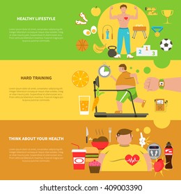 Obesity horizontal banners with healthy  lifestyle elements hard training for weight loss and unhealthy food icons set flat vector illustration