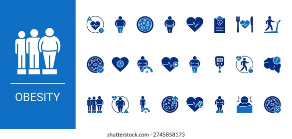 Obesity Icon Set containing chronic diseases, obesity, cholesterol, waist circumference, health risk, healthy diet, exercise, HDL, heart attack, overweight vector icons in glyph style