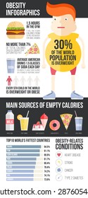 Obesity infographic template - fast food, healthy habits and other overweight statistic in graphical elements. Diet and lifestyle data visualization concept.