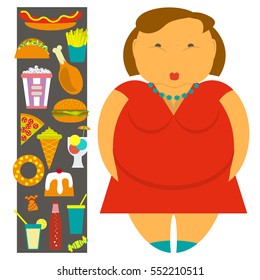 Obesity infographic template - junk fast food, female overweight elements, fat women. Diet and lifestyle data visualization concept poster. Vector illustration eps10