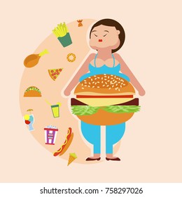 Obesity infographic template - junk fast food, female overweight elements, fat women. Diet and lifestyle data visualization concept poster. Vector illustration eps10