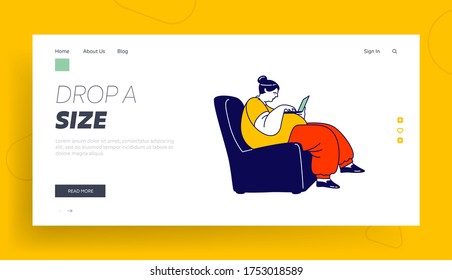 Obesity Landing Page Template. Overweight Woman Sitting in Armchair with Laptop Stand on Huge Belly. Fat Female Character Reading Useful Information about Weight Loss. Linear Vector Illustration