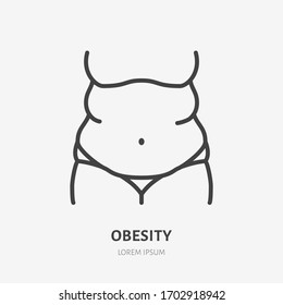Obesity line icon, vector pictogram of woman with fat belly. Girl having body overweight illustration, unhealthy lifestyle sign for medical poster.