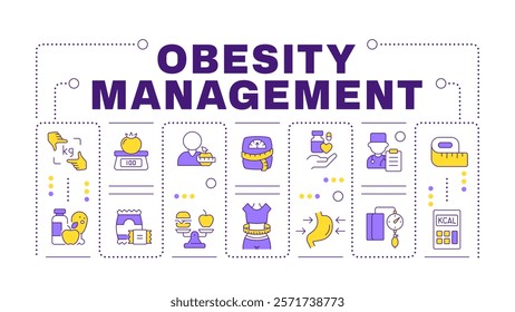 Obesity management word concept isolated on white. Calories calculating, healthy food. Creative illustration banner surrounded by editable line colorful icons