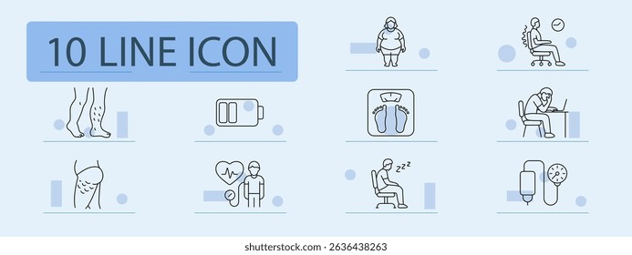Obesity outline set icon. Varicose legs, overweight body, posture curve, low battery, scale, desk fatigue, cellulite, heart check, sleepiness, pressure monitor