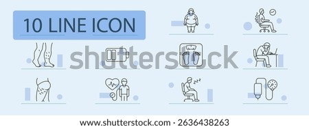 Obesity outline set icon. Varicose legs, overweight body, posture curve, low battery, scale, desk fatigue, cellulite, heart check, sleepiness, pressure monitor