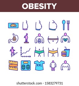 Obesity And Overweight Collection Icons Set Vector Thin Line. Obesity Person And Xxl T-shirt, Unhealthy Food And Flatware Concept Linear Pictograms. Color Contour Illustrations