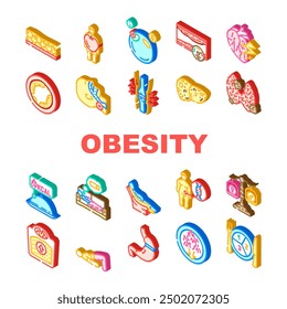 obesity overweight fat belly icons set vector. obese weight, woman lifestyle, body diet, person sport, female chubby, loss health obesity overweight fat belly isometric sign illustrations