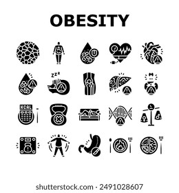 obesity overweight fat obese icons set vector. weight body, woman belly, diet lifestyle, health person, loss healthy, fit obesity overweight fat obese glyph pictogram Illustrations