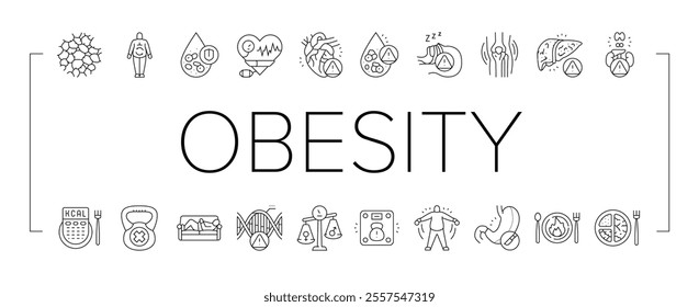 obesity overweight fat obese icons set vector. weight body, woman belly, diet lifestyle, health person, loss healthy, fit obesity overweight fat obese black contour illustrations