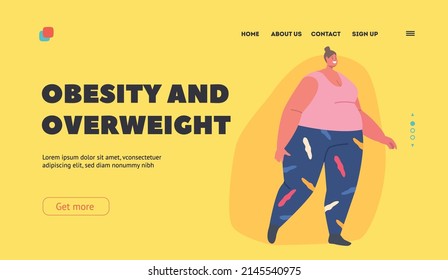 Obesity and Overweight Landing Page Template. Fatty Girl Weight Loss, Transformation. Corpulent Fat Woman Wear Sports Suit Walking. Female Character Healthy Life. Cartoon People Vector Illustration