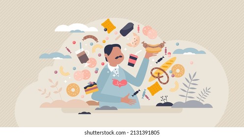 Obesity and overweight problem with unhealthy lifestyle tiny person concept. Eating junk and fast food, sweets, candies and soft drinks with overeating mental issue vector illustration. Weight illness