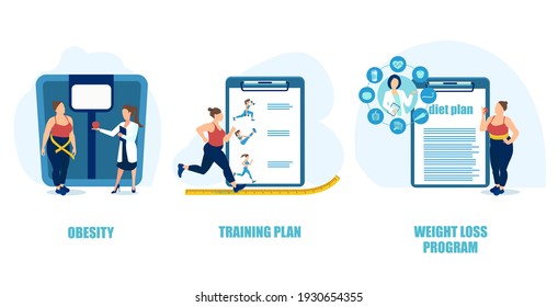 Obesity overweight training plan, weight loss program concept. Vector of an woman following doctor advice to lose weight 