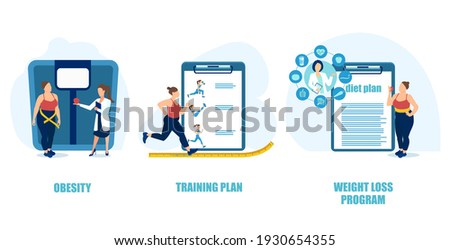 Obesity overweight training plan, weight loss program concept. Vector of an woman following doctor advice to lose weight 