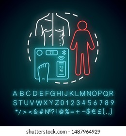 Obesity problem neon light concept icon. Measuring body weight with electronic scales idea. Fit vs fat person. Glowing sign with alphabet, numbers and symbols. Vector isolated illustration