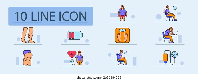 Obesity problem set icon. Varicose legs, overweight woman, posture issue, low energy, body weight scale, work fatigue, cellulite, heart check, sleeping man, blood pressure monitor