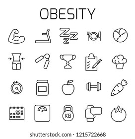 Obesity related vector icon set. Well-crafted sign in thin line style with editable stroke. Vector symbols isolated on a white background. Simple pictograms.
