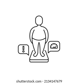 Obesity thin line icon. Man with excess weight on scales. Overeating, health problem. Overconsumption. Vector illustration.