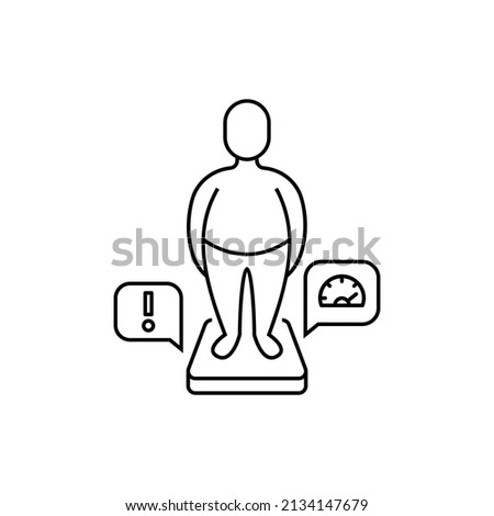 Obesity thin line icon. Man with excess weight on scales. Overeating, health problem. Overconsumption. Vector illustration.