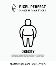 Obesity thin line icon. Overweight, unhealthy body, dieting. Chubby man. Pixel perfect, editable stroke. Vector illustration.