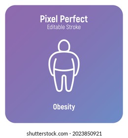Obesity thin line icon. Overweight, unhealthy body, dieting. Chubby man. Pixel perfect, editable stroke. Vector illustration.