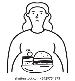 Obesity. Unhealthy eating. Sad young woman. Outline icon. Vector hand drawn illustration on white background.