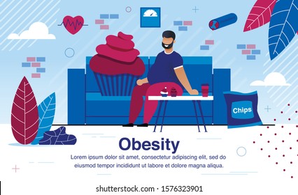 Obesity and Unhealthy Lifestyle, Vascular Diseases and Diabetes Prevention Trendy Flat Vector Banner, Poster Template. Obese, Overweight Man Sitting on Sofa at Home, Eating Unhealthy Food Illustration