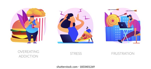 Obesity and unhealthy nutrition, anxiety and panic attack, psychological problem icons set. Overeating addiction, stress, frustration metaphors. Vector isolated concept metaphor illustrations