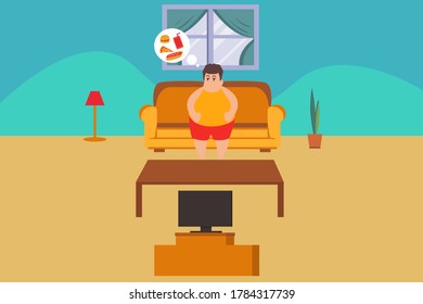 Obesity vector concept: fat boy thinking of junk foods in the living room