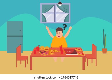 Obesity vector concept: fat boy confused of junk food choices on the dining table