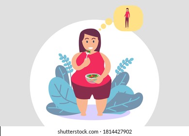 Obesity Vector Concept: Fat Woman Imagine Get Slim Body While Eating Healthy Food 