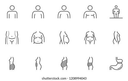 Obesity Vector Line Icons Set. Stages and Types of Obesity, Excess Weight, Localization of Body Fat. Editable Stroke. 48x48 Pixel Perfect.