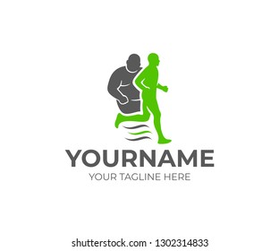 Obesity And Weight Loss, Obese Person And Running Healthy Person, Logo Design. Fitness, Sport, Healthy Lifestyle And Physical Education, Vector Design And Illustration