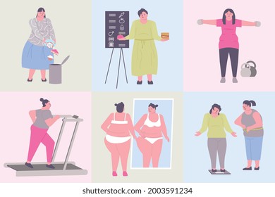 Juego de composiciones cuadradas de pérdida de peso por obesidad con personas gordas sobre pesos con ilustración de espejo y vector alimentario