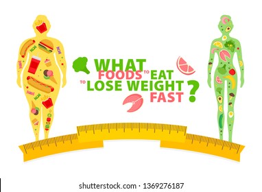 Obesity. Weight loss. What foods to eat to lose weight fast? Healthy nutrition. Blank space for your content, template. 