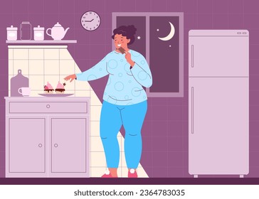 Obesity and weight problems. Overweight woman  eating sweets at night. Unhealthy lifestyle, weight gain