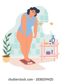 Obesity and weight problems. Sad overweight woman weighing on weight scale, flat vector illustration. Unhealthy eating and lifestyle.