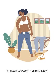 Obesity and weight problems. Unhappy fat woman trying to put on tight pants, flat vector illustration. Unhealthy lifestyle. Weight gain.