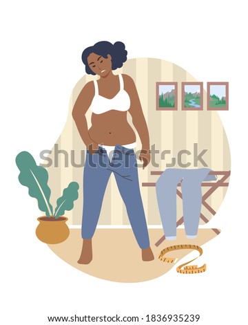 Obesity and weight problems. Unhappy fat woman trying to put on tight pants, flat vector illustration. Unhealthy lifestyle. Weight gain.