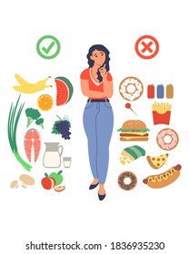 Obesity and weight problems. Young woman choosing between healthy and unhealthy food, flat vector illustration. Weight loss and healthy lifestyle. Junk food vs healthy balanced menu.